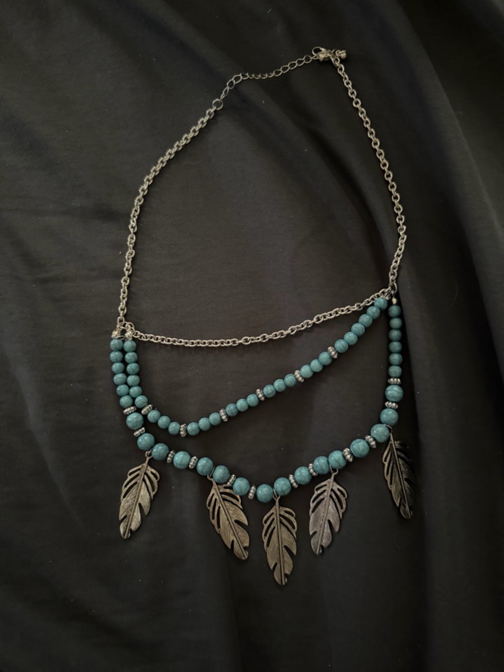 Boho Feather Pendant Necklace with Teal Beads